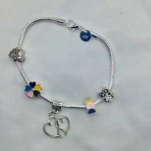Pandora type 925 sterling silver bracelet with 5 FREE charms.8.5”.Perfect GIFT